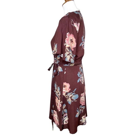 Show Me Your Mumu Floral Burgundy Brown Short Sleeve Mini Tie Waist Wrap Dress S - Picture 5 of 13